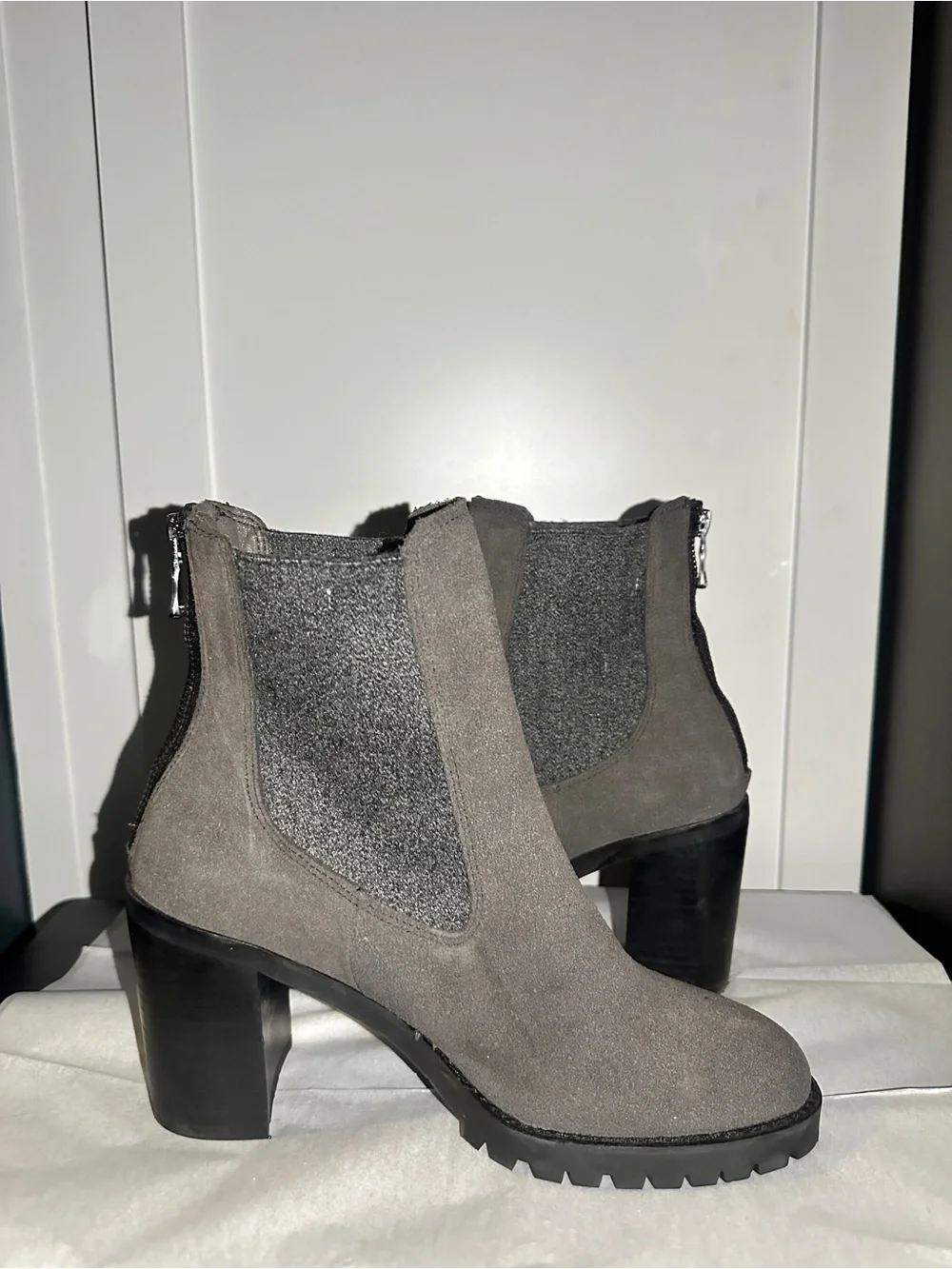 Chinese Laundry Gray Suede Block Heel Chelsea Booties